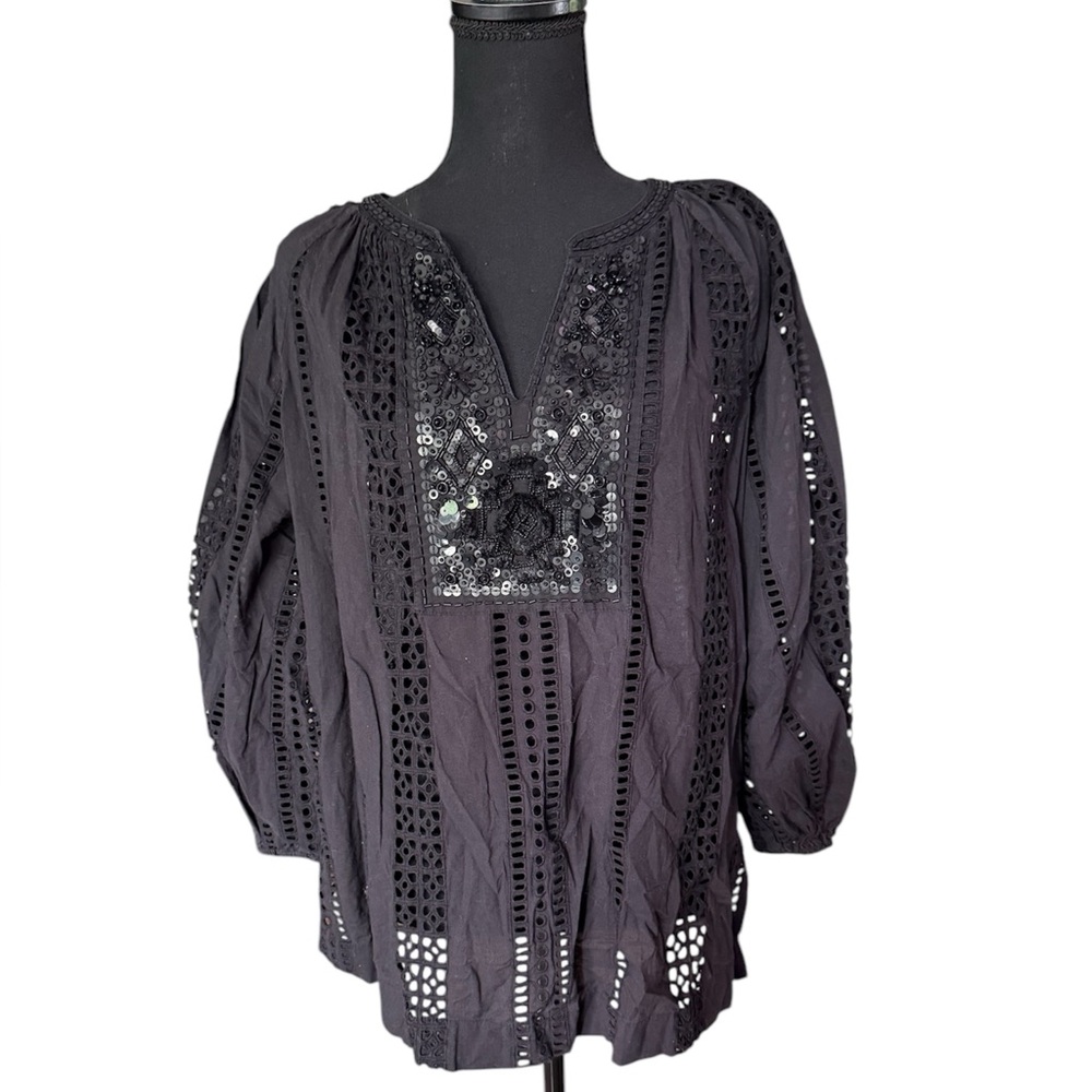 Chico's SZ 8-10  Black Cotton Lace Embroidered Shirt Blouse  Tunic TOP